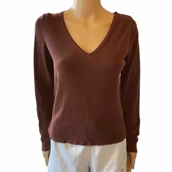 Banana Republic Stretch Brown Silk Blend Pullover Women's V Neck Knit Top Size M - Picture 1 of 6